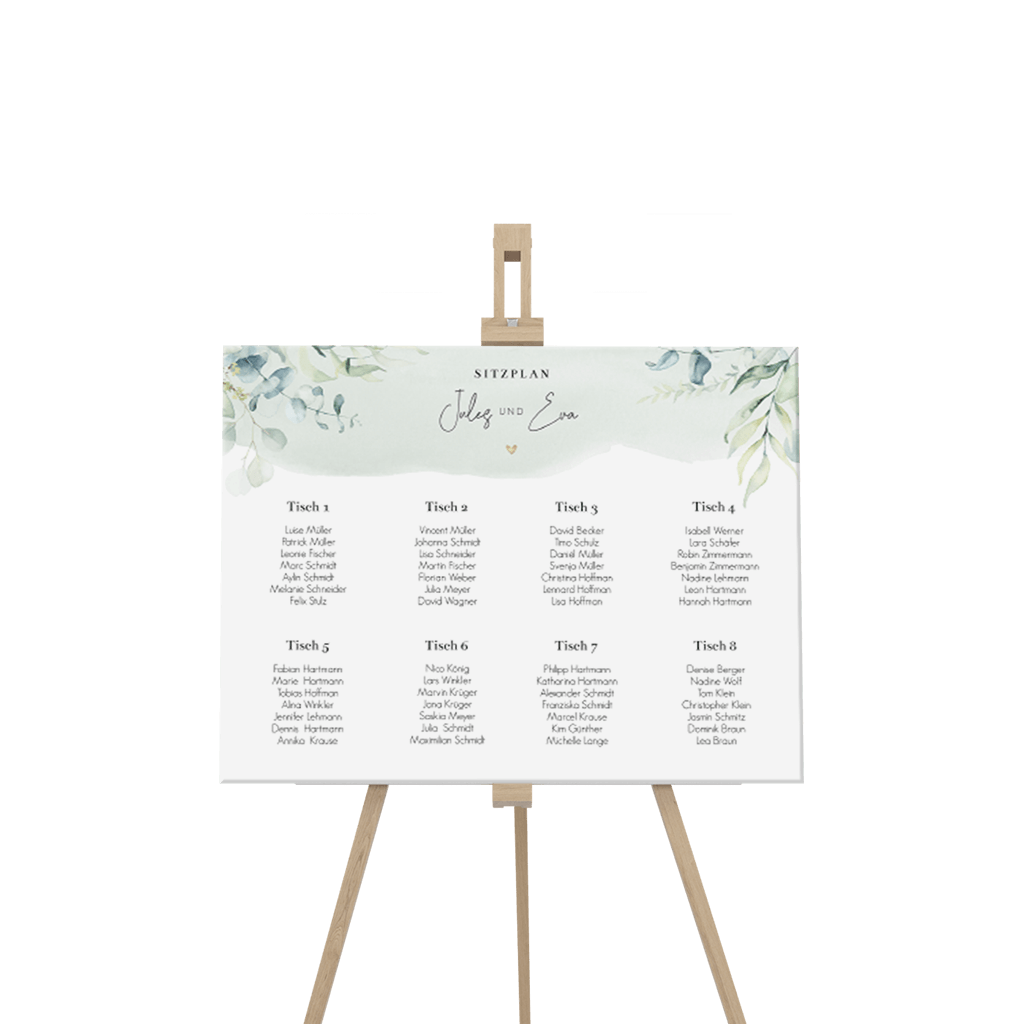 Florale Sitzplan Schild mit Herzen und Zweigen