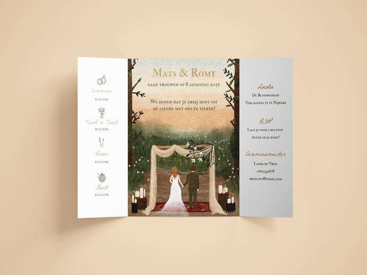 Luikvouw trouwkaart bos ceremonie goudfolie