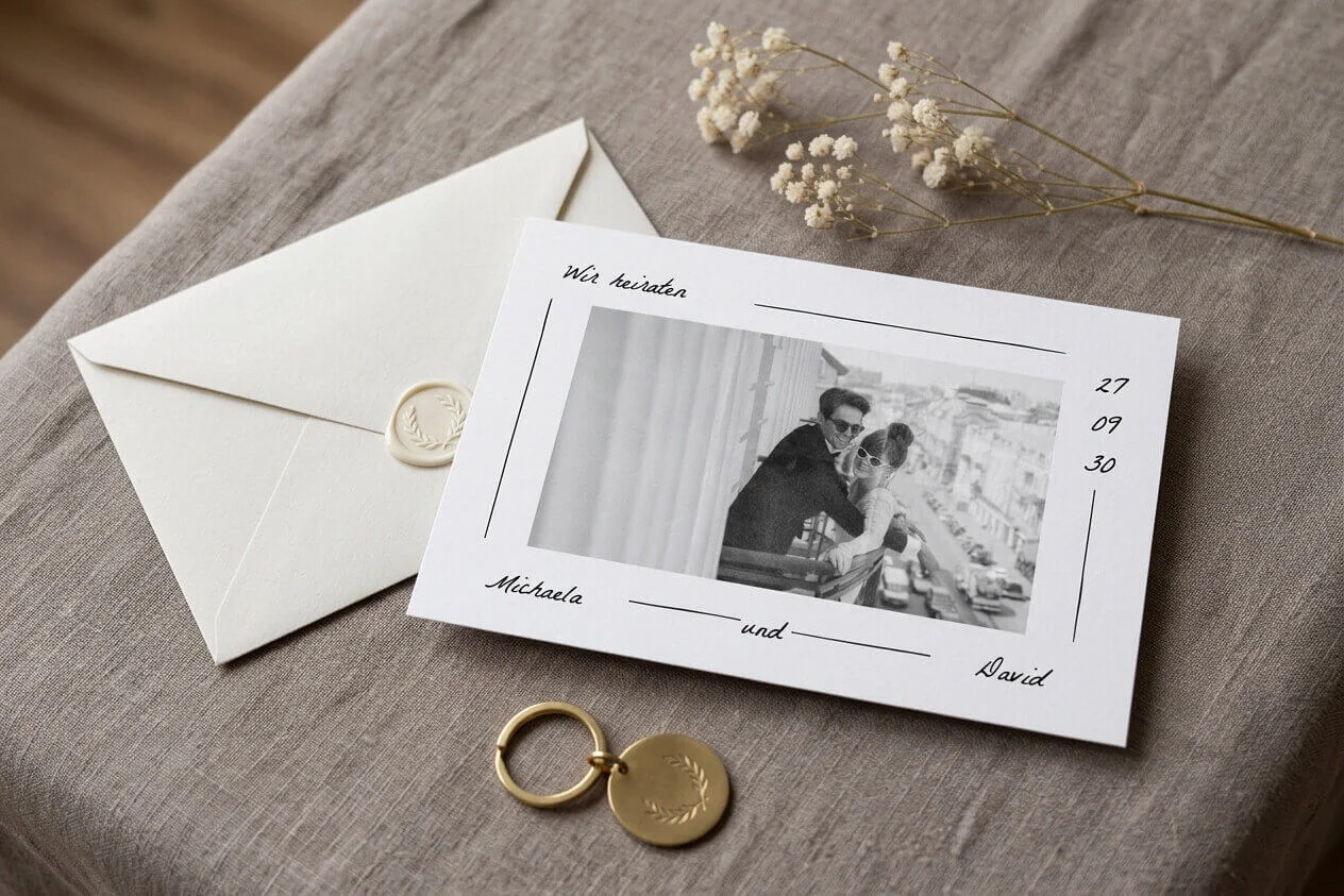 Minimalistische Hochzeitseinladung mit Polaroidfoto