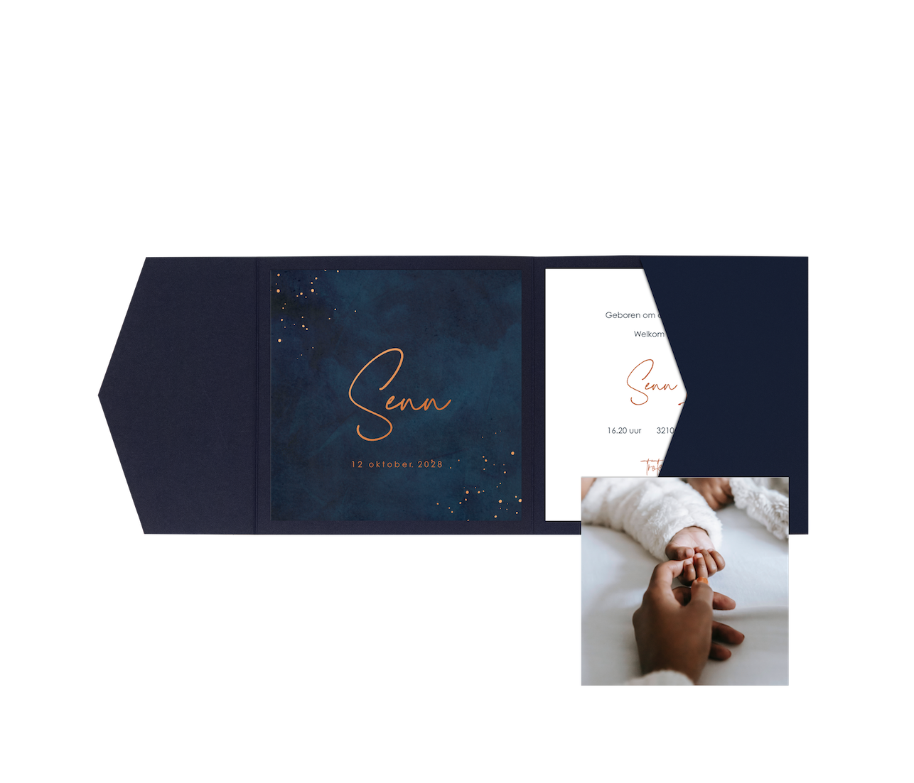 Pocketfold geboortekaartje blauw velvet-look met hoogglans