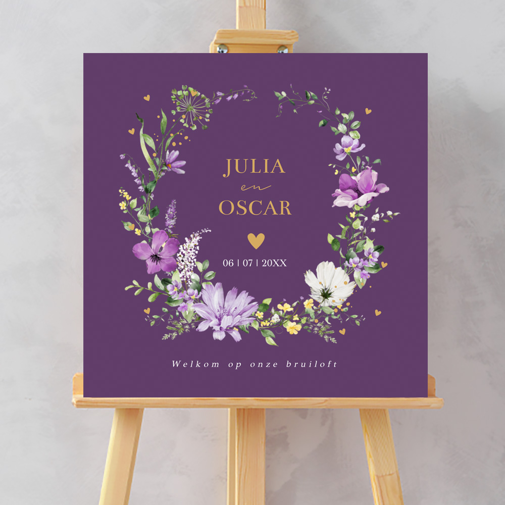 Bruiloftsbord paars botanisch krans bladeren