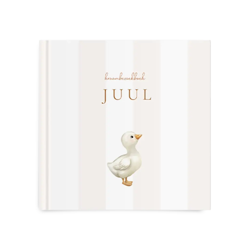 Kraambezoekboek unisex met eendje op beige strepen