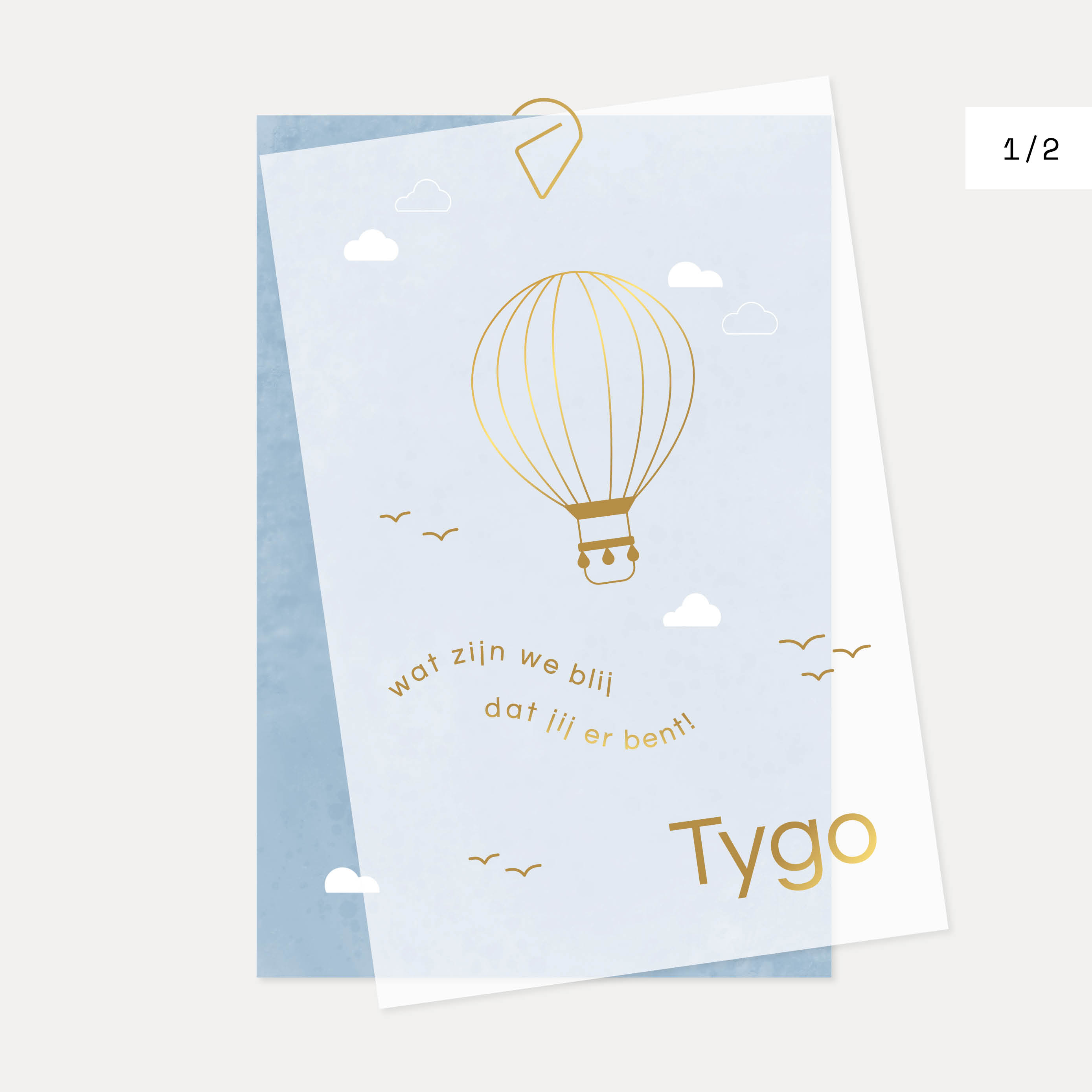 deel 1 - kalkpapier voorkant geboortekaartje Tygo met luchtballon
