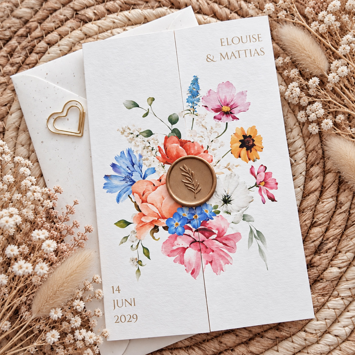 Romantische drieluik trouwkaart met kleurrijke bloemen Bright Flowers