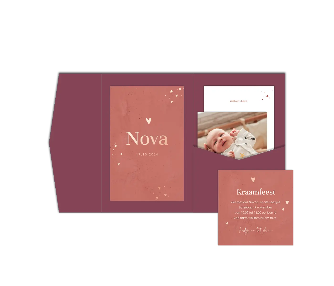 Pocketfold geboortekaartje roze met roségoudfolie