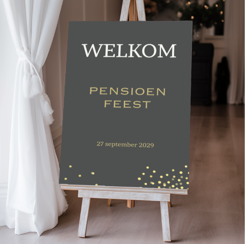 Welkomstbord pensioen feest zwart met goud look