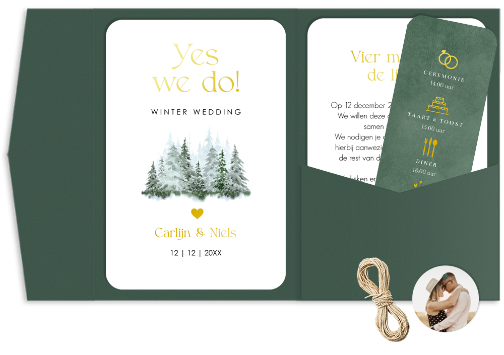 Pocketfold trouwkaart kerst winter wedding forrest groen goudfolie