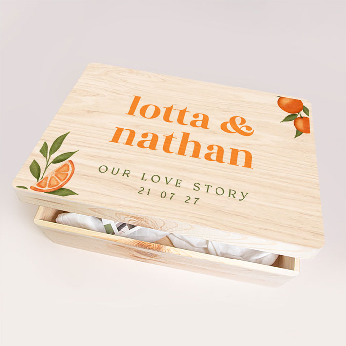 Memorybox bruiloft zomers met sinaasappels