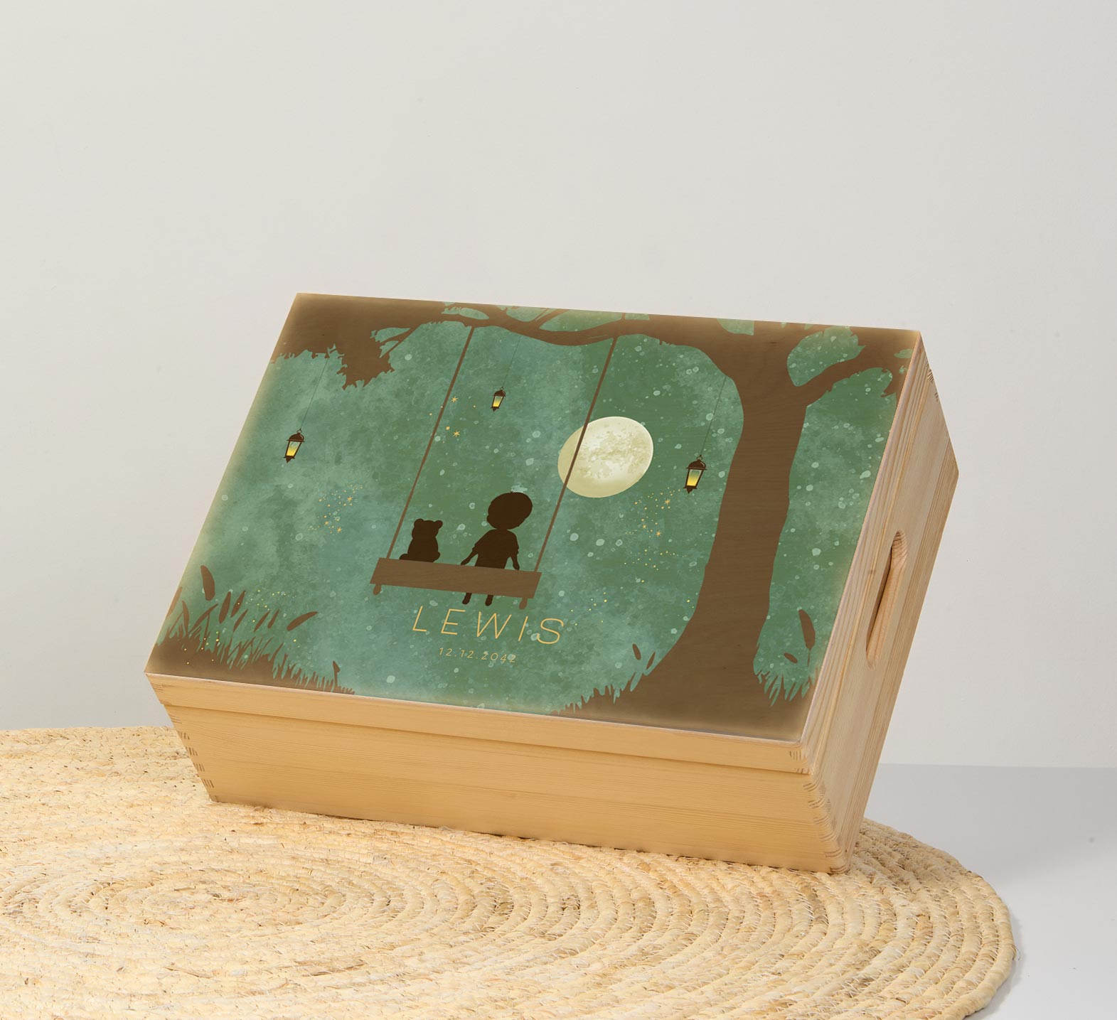 Memorybox winterliefde jongetje op schommel met beer en maan