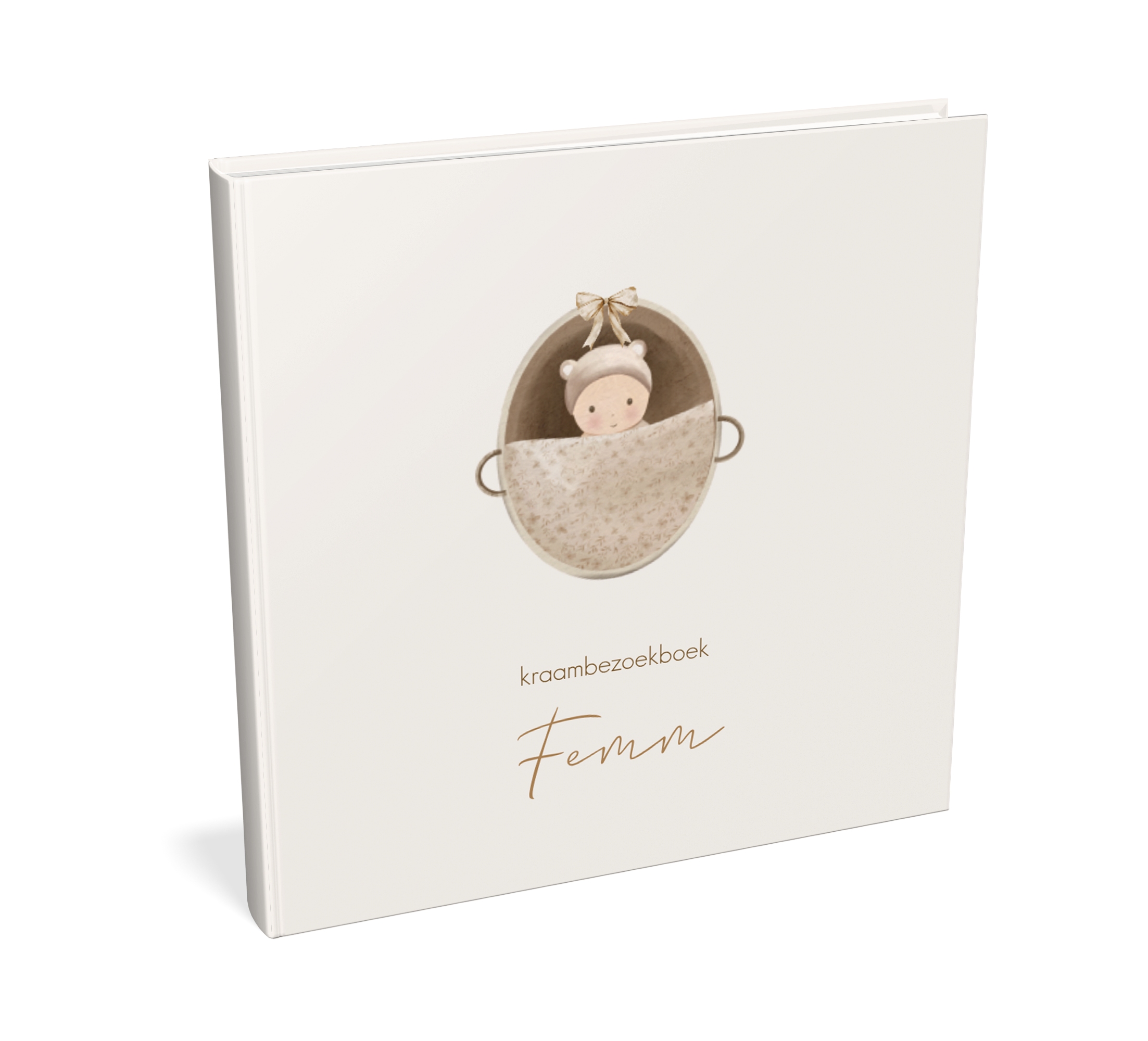 Kraambezoekboek beige met baby in mandje