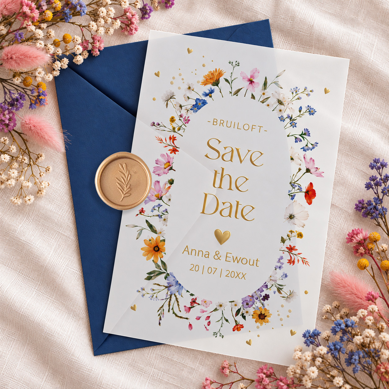 Save the Date kaart op transparant kalkpapier bloemenkrans