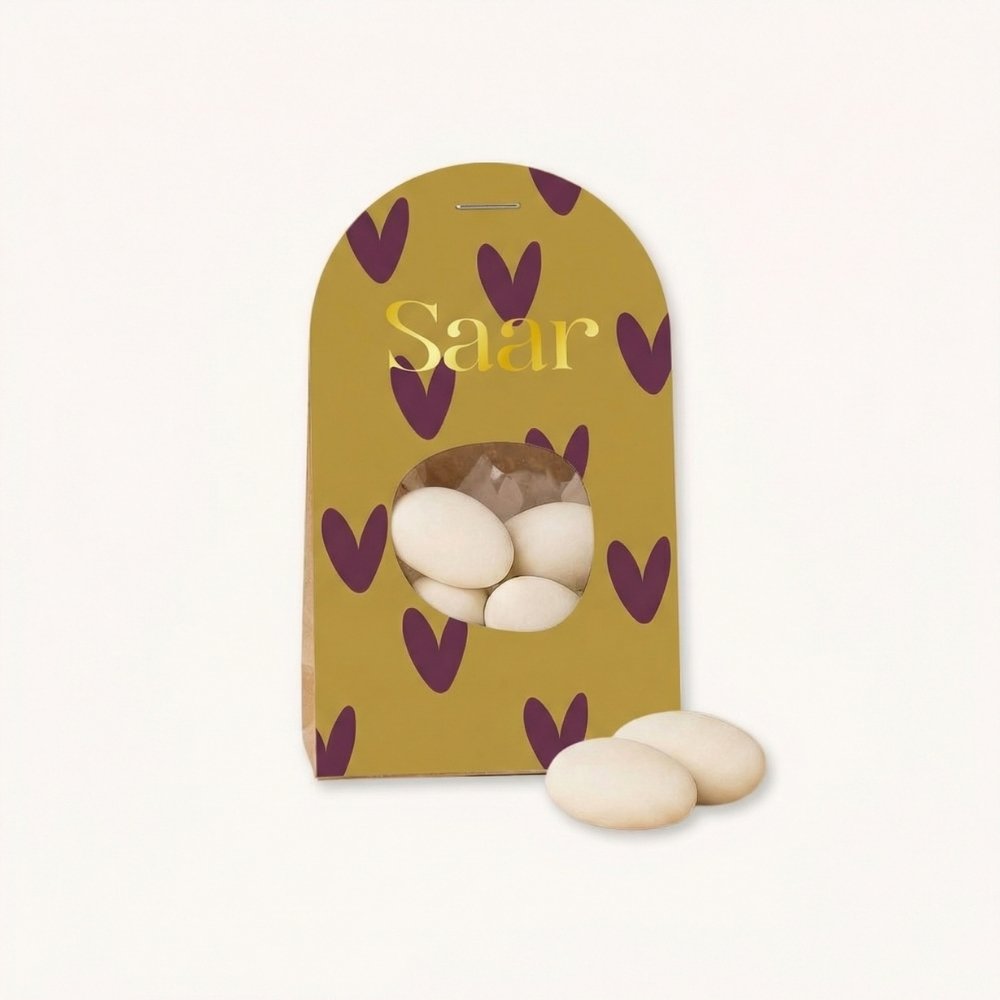 Doopsuiker wikkel meisje ovaal hartje okergeel paars