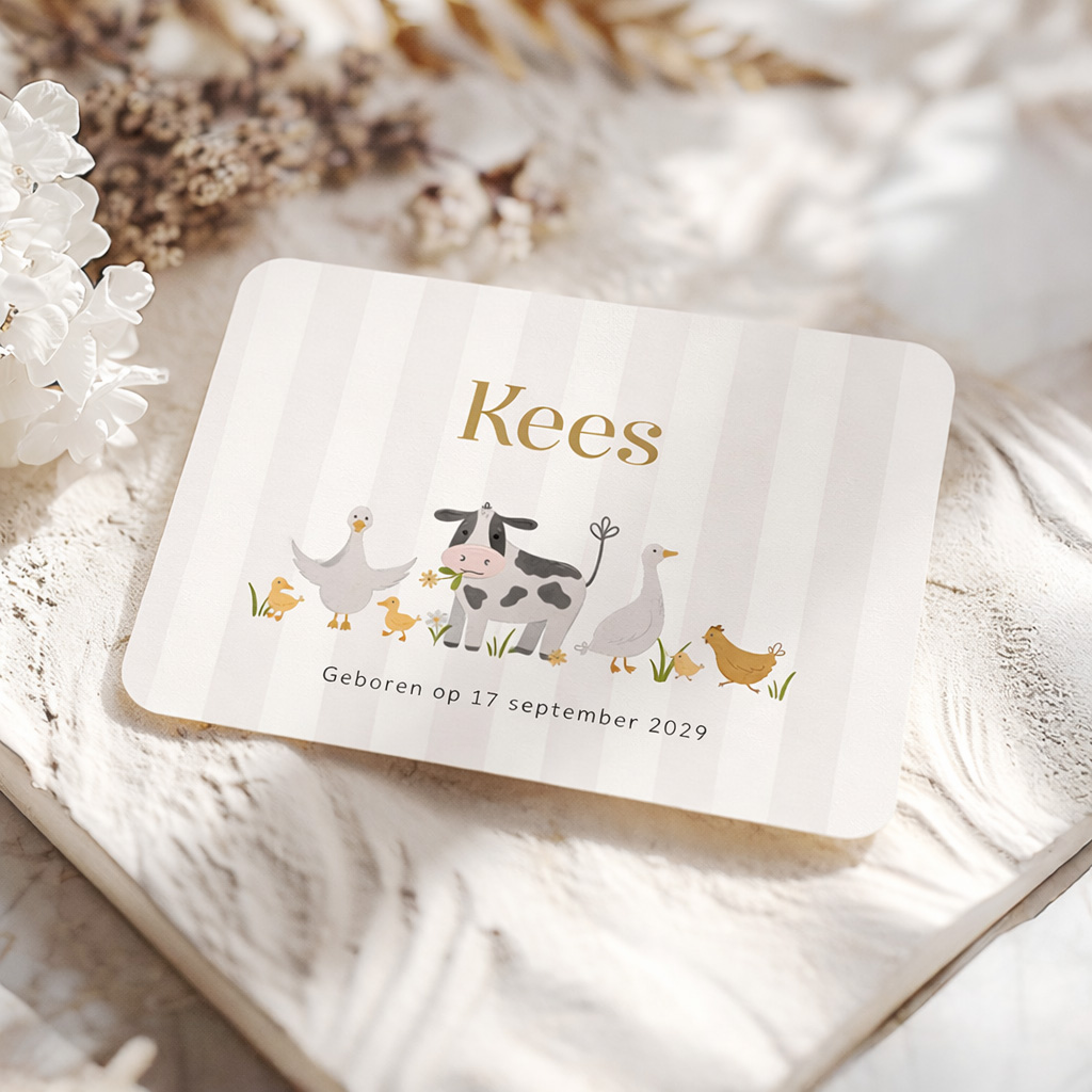 Unisex boerderij geboortekaartje met koe, gans en kip
