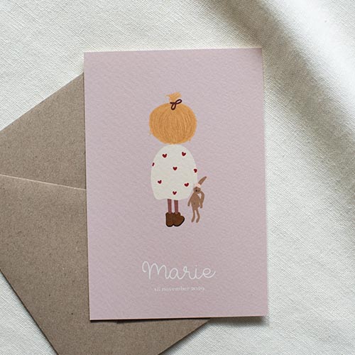 Geboortekaartje meisje blond knuffel konijn