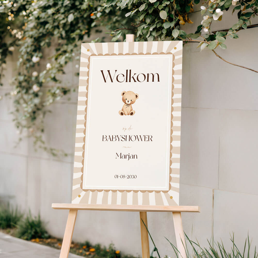 Welkomstbord babyshower unisex met kader, strepen en lief beertje