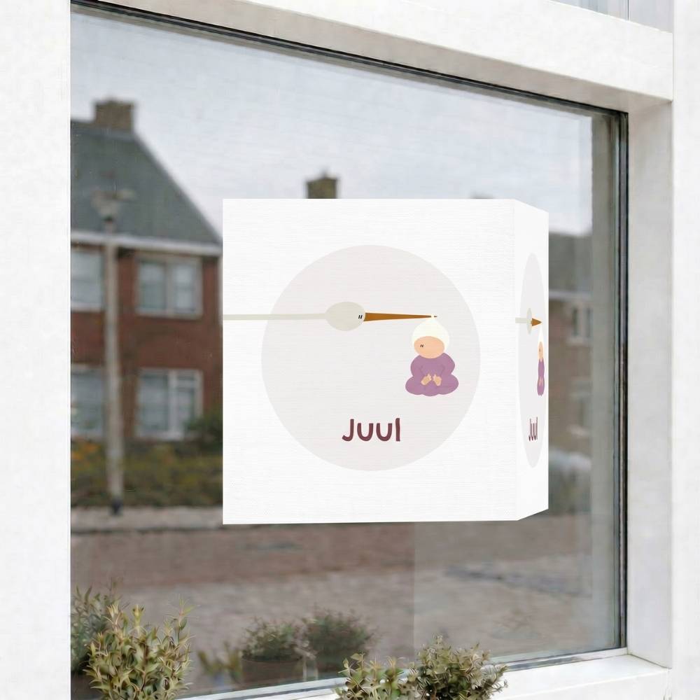 Geboortebord raam meisje ooievaar grappig