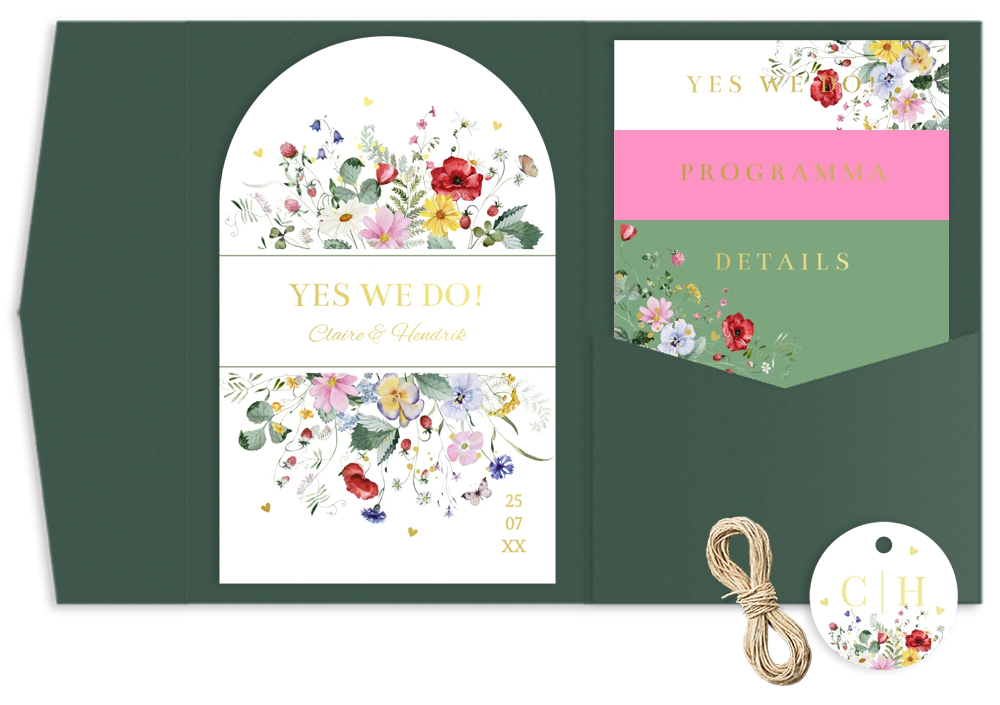 Pocketfold trouwkaart veldbloemen rood geel goudfolie