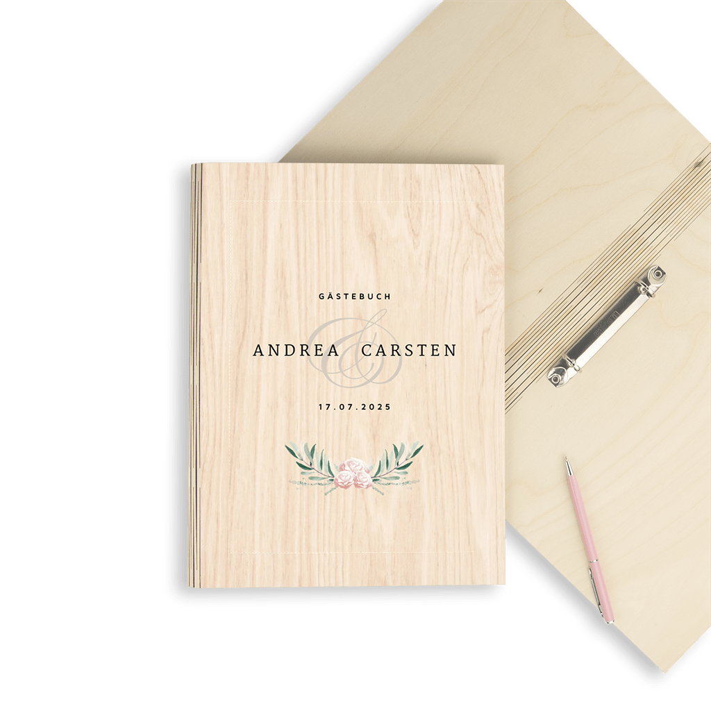 Hölzernes Gästebuch Hochzeit dezenten Blumen