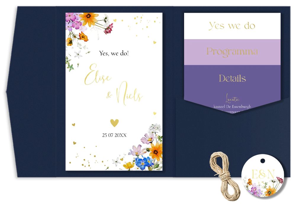 Pocketfold trouwkaart zomerse bloemen lila paars goudfolie