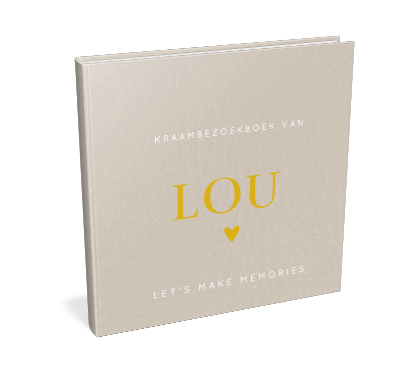 Beige kraambezoekboek met naam in goudgele typografie