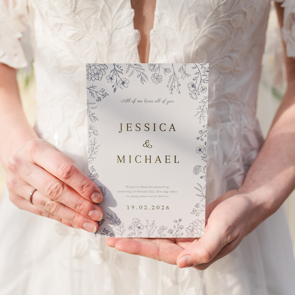 Trouwkaart bloemen blauw goudfolie