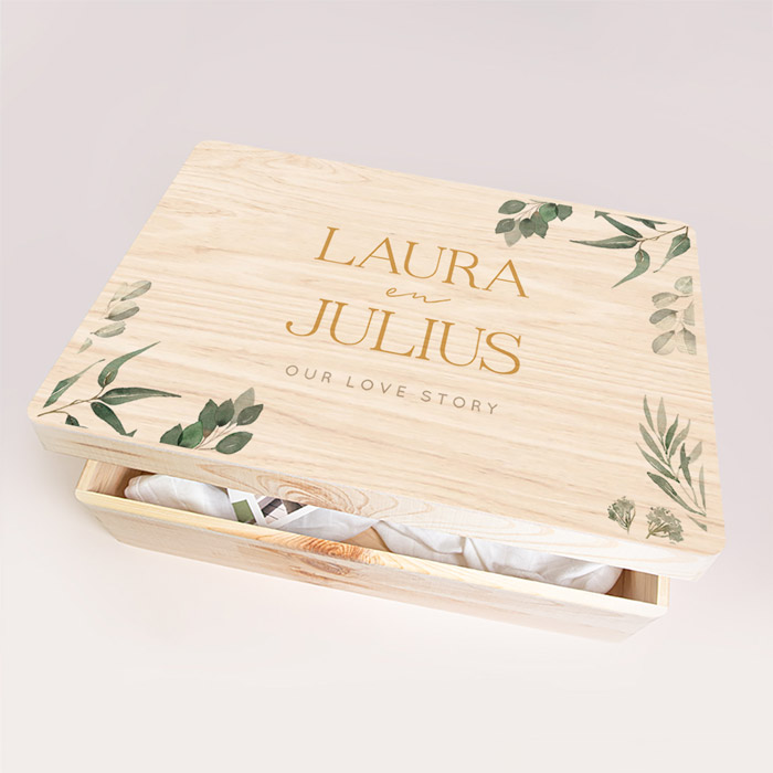 Herinneringsdoos huwelijk botanisch met namen in goudkleur