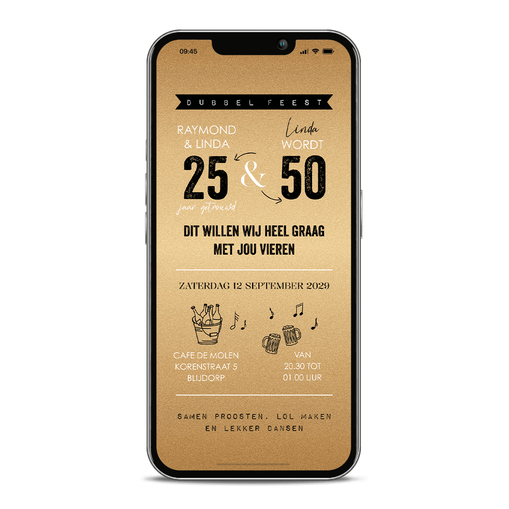 Dubbel feest uitnodiging digitaal met goudlook 50 jaar en jubileum