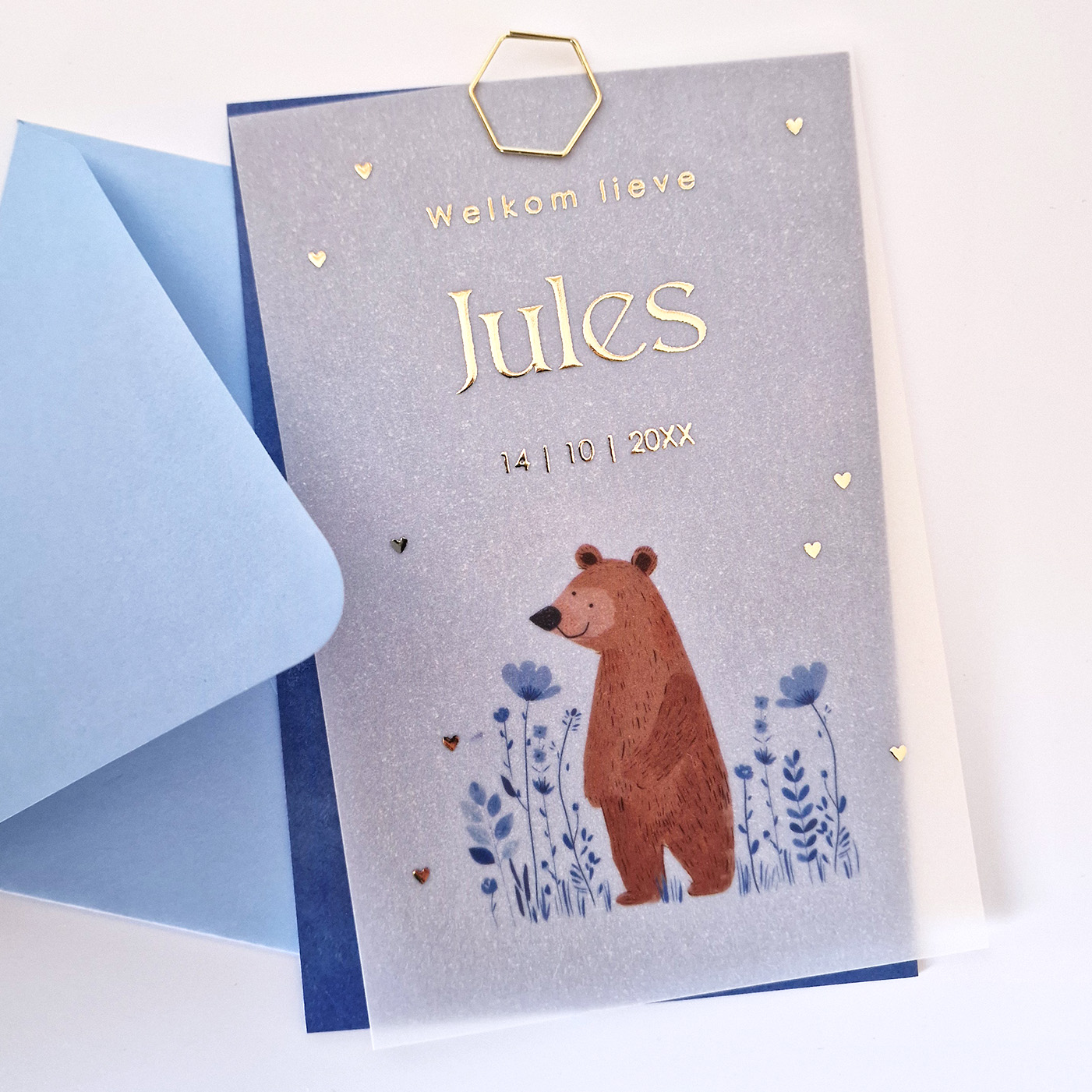 Deel 1 - kalkpapier voorkant geboortekaartje beertje goudfolie