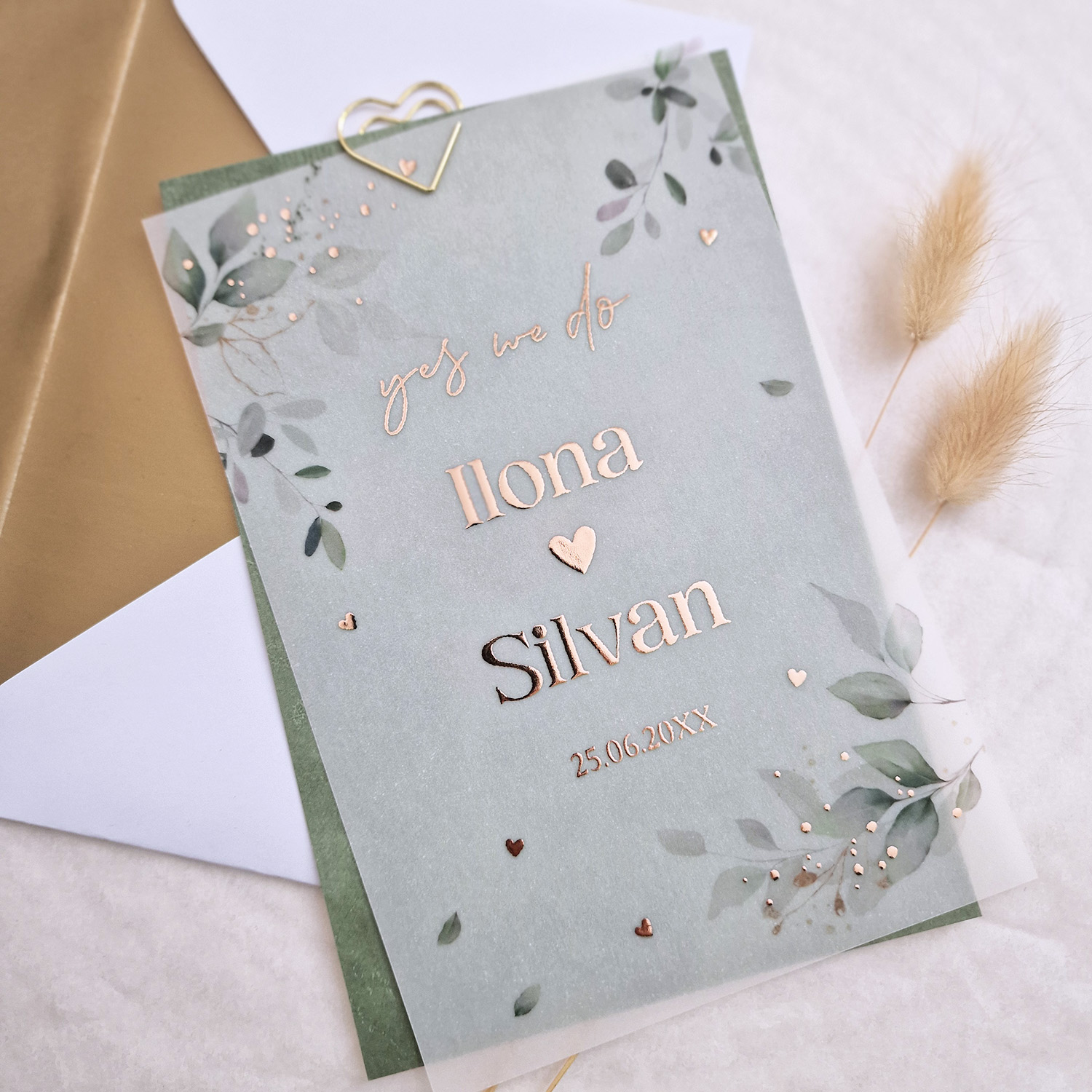 Trouwkaart kalkpapier botanisch groen bladeren rosegoudfolie (set 2 kaarten)