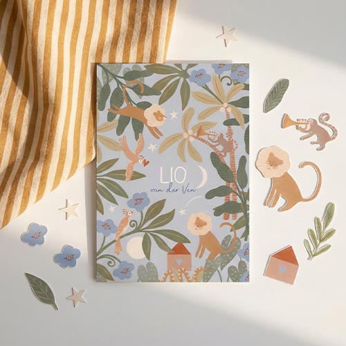 Geboortekaartje jongen jungle dieren zachte blauwtinten