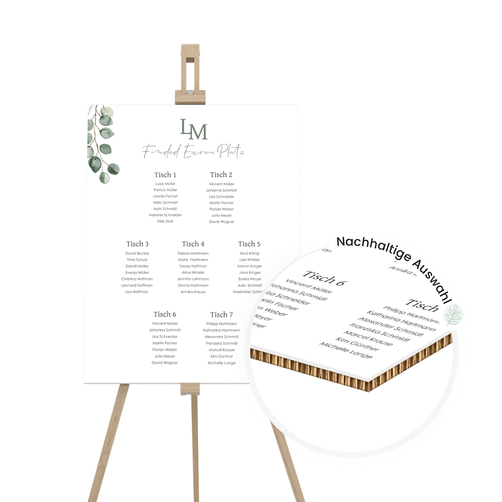 Sitzplan Re-Board mit Eukalyptuszweigen