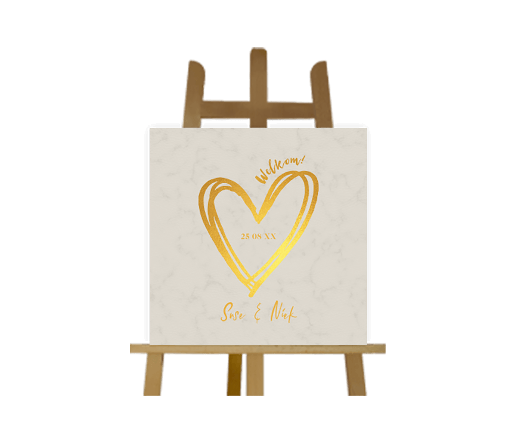 Bruiloftbord goud-look hart en welkom tekst op marmer-look