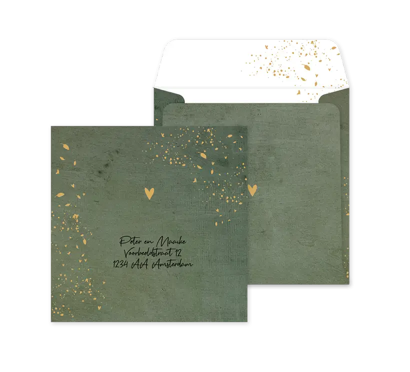 Groene velvet-look envelop op maat met hartje, blaadjes en spetters