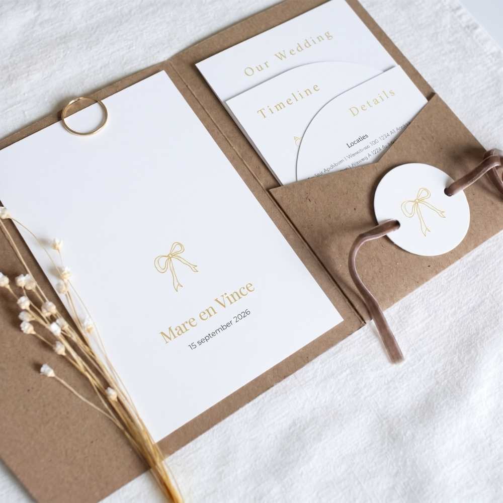 Pocketfold trouwkaartenset gouden strikjes