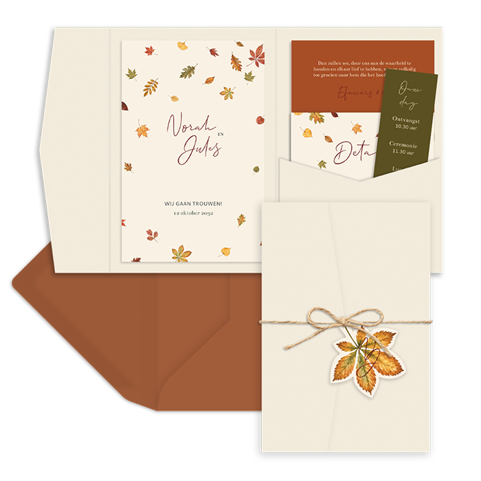 Herfst trouwkaart pocketfold met blaadjes en fotostrook
