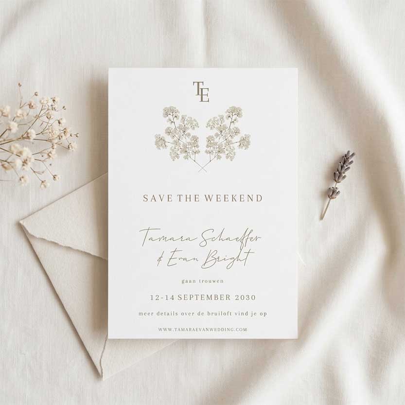 Klassiek moderne Save the Date kaart met getekend gipskruid