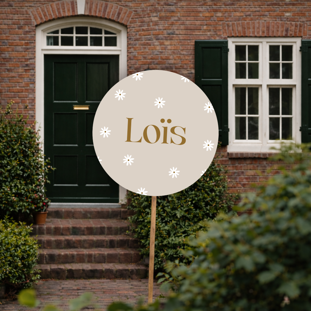 Rond tuinbord met bloemetjes – Lief bloemen geboortebord tuin