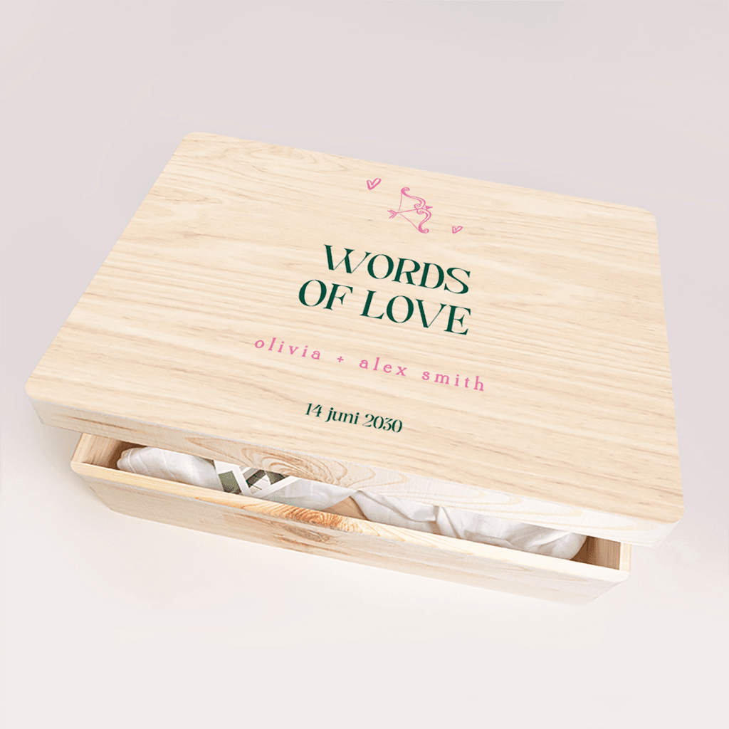 Memorybox huwelijk in groen en roze met pijl en boog