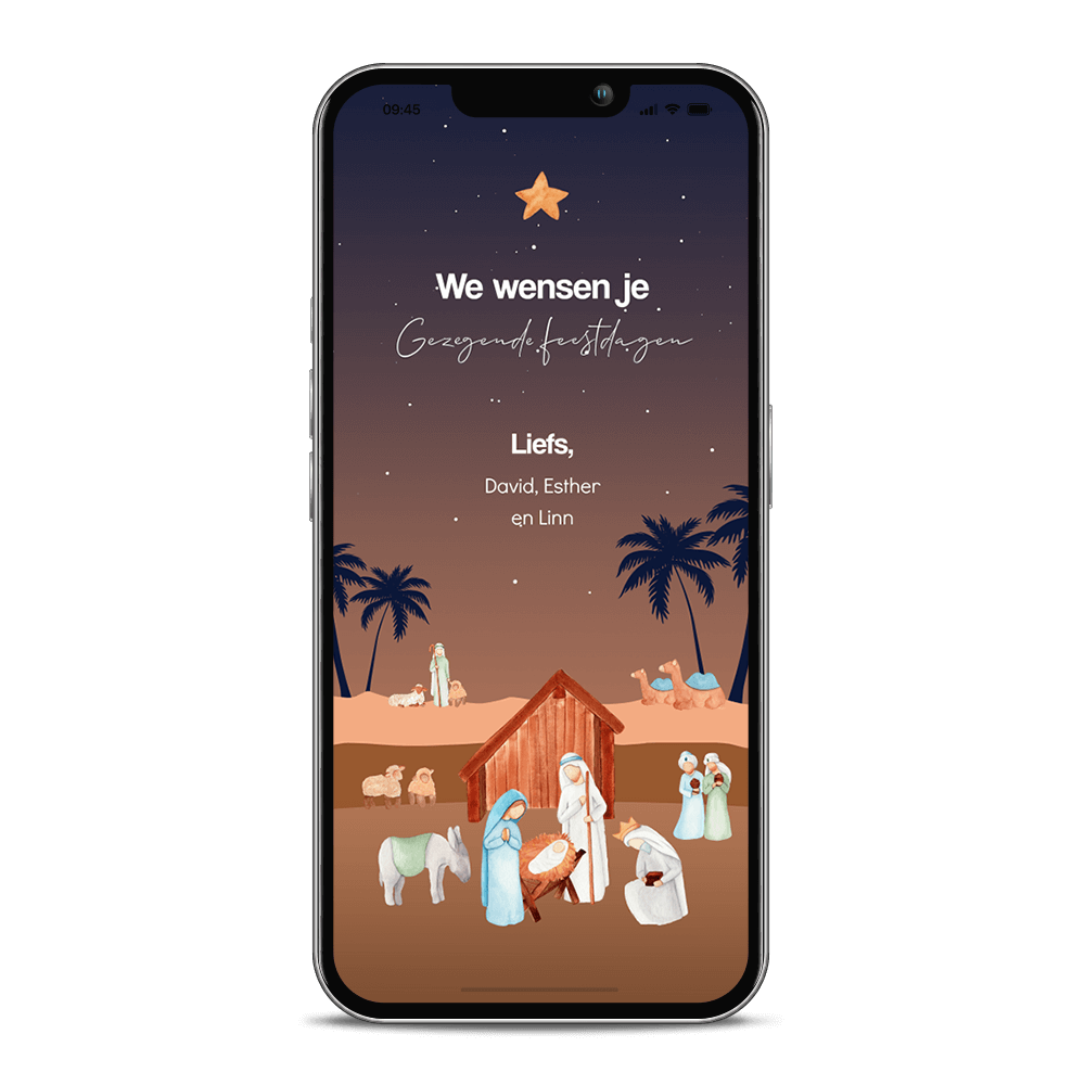 Christelijke digitale kerstkaart met kindje Jezus in de kribbe