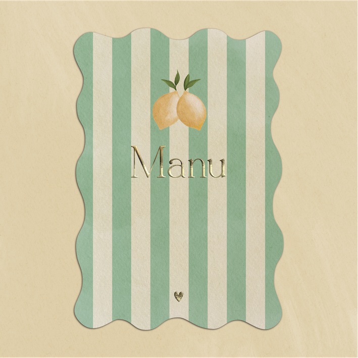 Geboortekaartje Golfvorm Citroenen Groen Beige Strepen Goudfolie