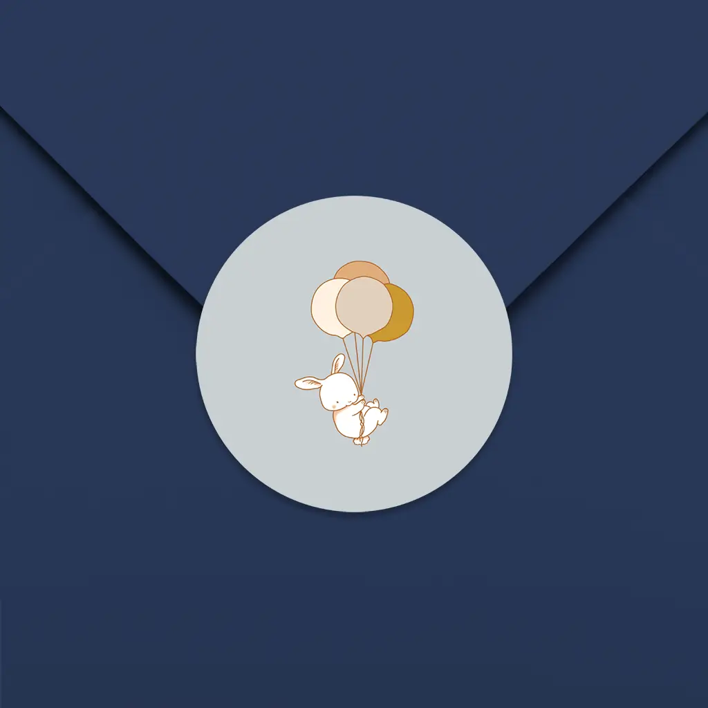 Sluitsticker blauw met konijntje en ballonnen - per 25 stuks