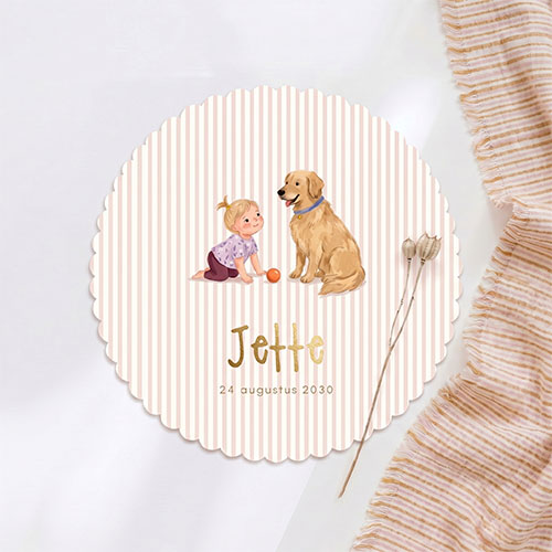 Rond geboortekaartje meisje hond golden retriever