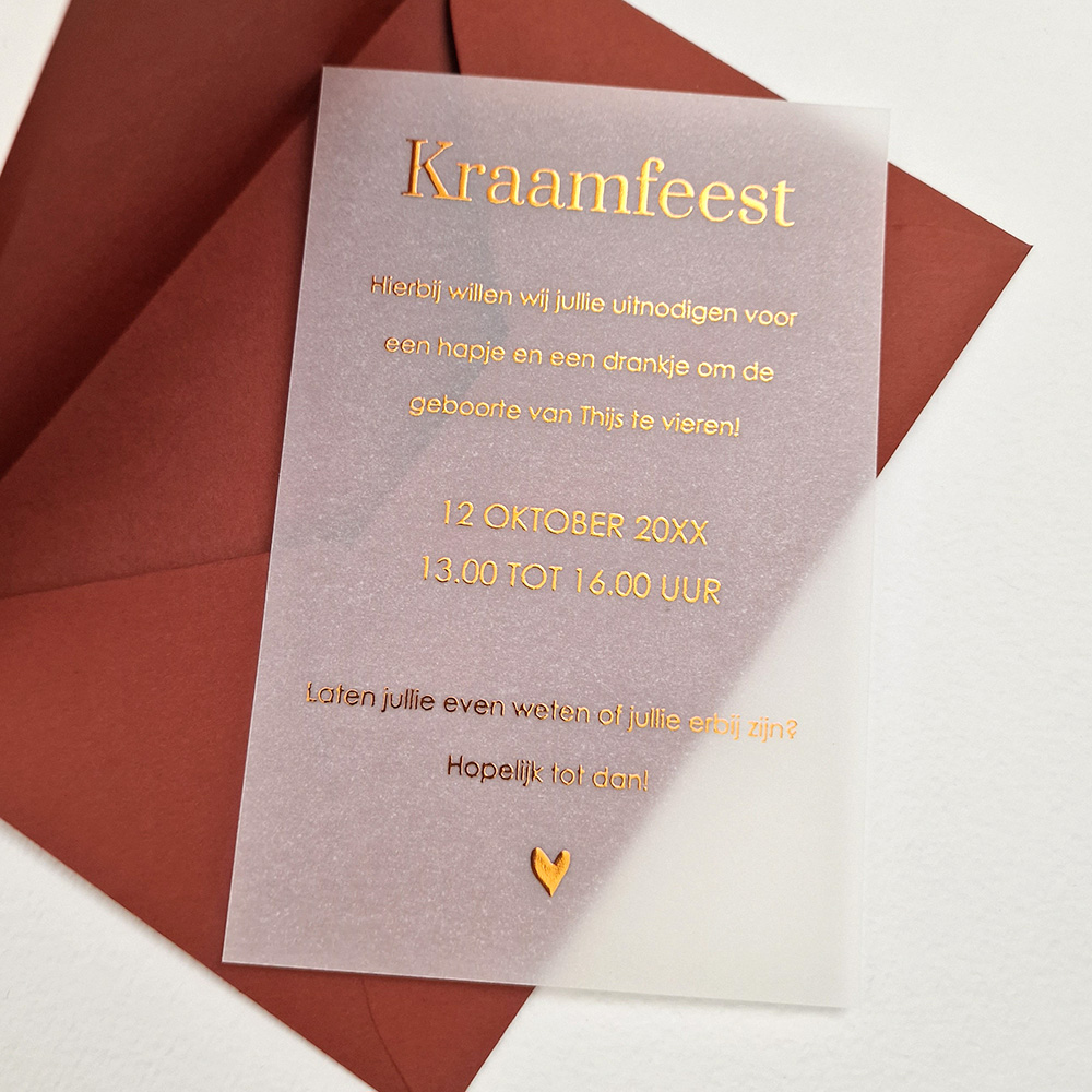 Kraamborrel uitnodiging kalkpapier foliedruk