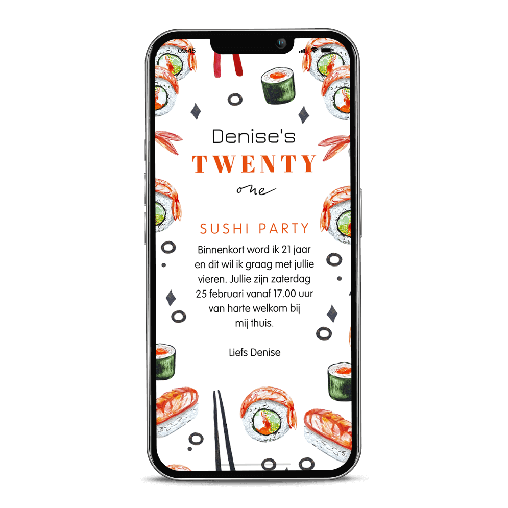 Sushi 21 diner uitnodiging digitaal met sushi illustraties