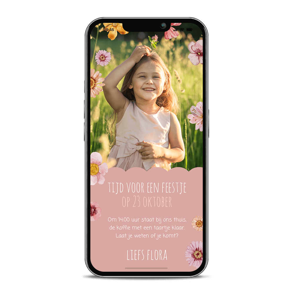 Digitale uitnodiging kinderverjaardag met bloemen en foto