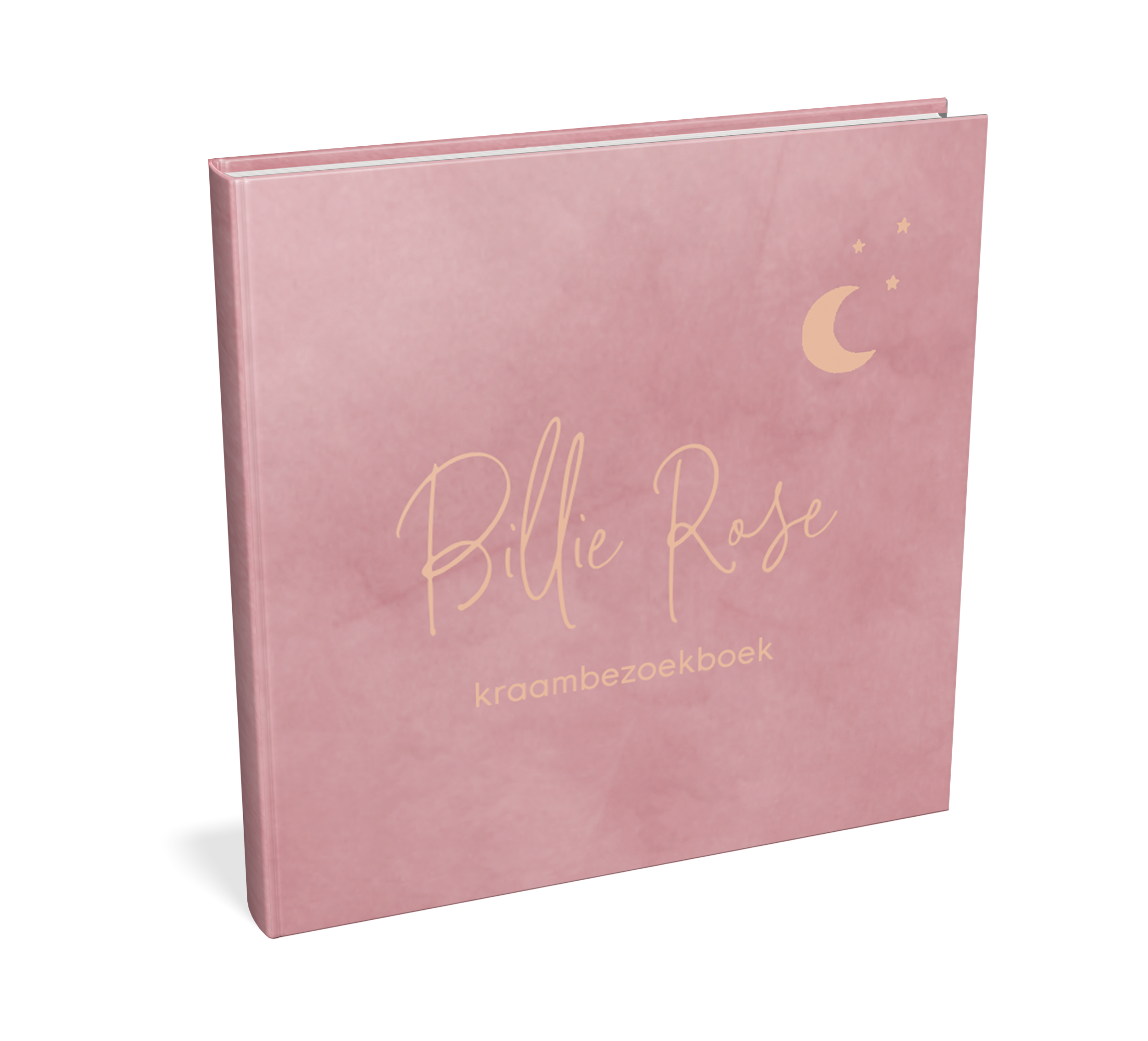 Roze velvet-look kraambezoekboek met maan en sterren
