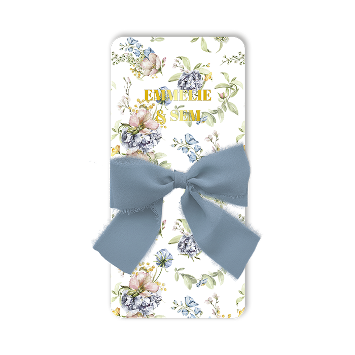 Bloemen trouwkaart met goudfolie en lint