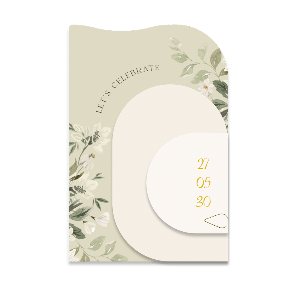 Elegantes grünes Hochzeitseinladungs-Kartenset in Bogenform mit Blumen und Goldfolie