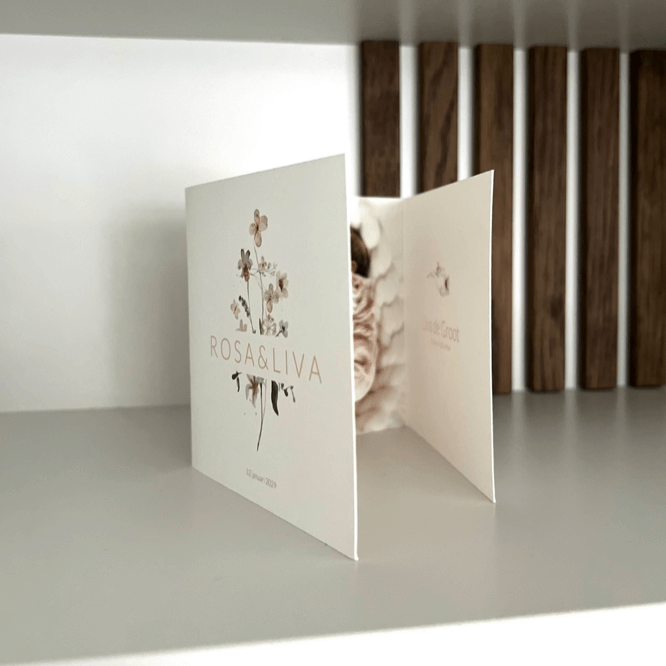 Geboortekaartje drieluik tweeling met watercolour bloemen en foto