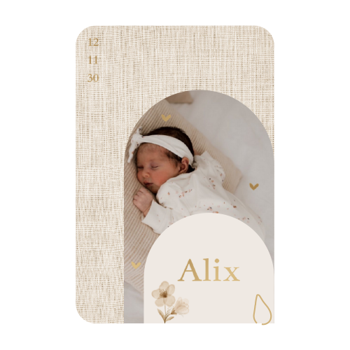 Origineel geboortekaartje meisje met babyfoto en goudfolie